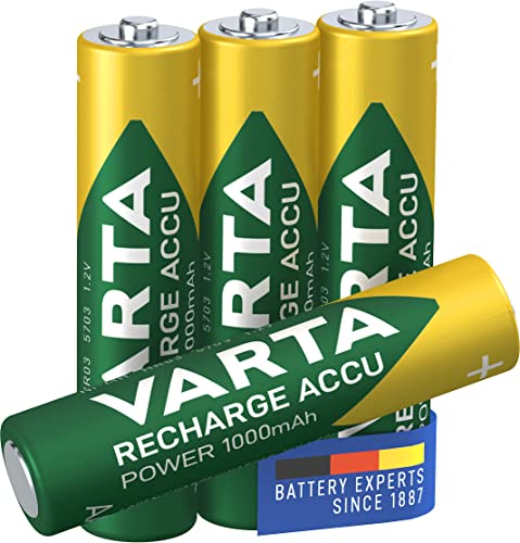 VARTA Batterien AAA, wiederaufladbar, 4 Stück, Recharge Accu Power, Akku, 1000 mAh Ni-MH, ohne Memory Effekt, vorgeladen, sofort einsatzbereit