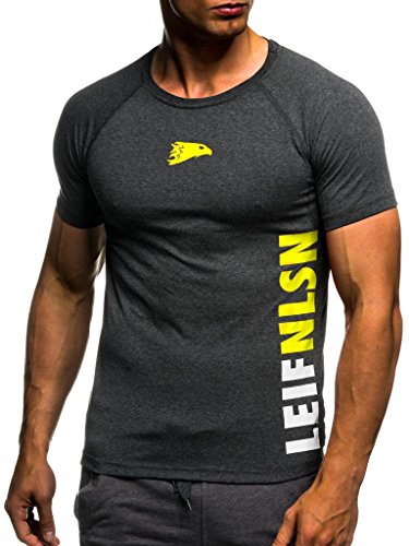 Leif Nelson Gym Herren Fitness T-Shirt Trainingsshirt Training LN06279; Größe XL, Anthrazit-Gelb