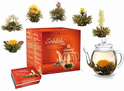 Creano Teeblumen Mix - Geschenkset Erblühtee Frühjahrslese mit Glaskanne Weißer Tee in 6 Sorten, Teerosen, Teeblume, Blooming Tea, Geschenk zum Muttertag