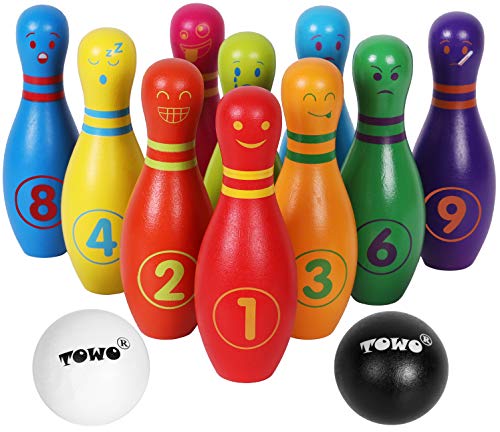Bowling Kinder Holzspielzeug - Kegelspiel für Kinder groß mit Gesichtsgefühlen und Zahlen - Bowlingset mit 12 Kegeln und 2 Bowlingkugeln aus Holz - Holzspielzeug für 2 Jahre Kleinkinder