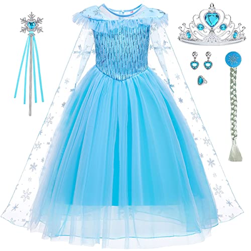 LiUiMiY Prinzessin Kostüm Mädchen Kleider Karneval Langarm Verkleidung Party Geburtstagsfeier Halloween Weihnachten Fest, Blau, 116-122 (Etikett 120)