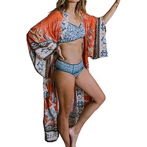 SIEBENEINSY Damen Boho Strand Badeanzug Bedecken Pareos Kimono Cardigan Morgenmantel Lange Bluse Bikini Umhang Vintage Bademode Sommerkleid