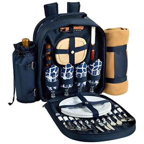 Picknick bei Ascot – Deluxe-Picknick-Rucksack mit Kühler für 4 Personen strapazierfähig 4 Person Marineblau/Weiß mit Spalier Blau