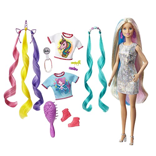 Barbie GHN04 - Fantasie-Haare Puppe, blond, mit zwei verzierten Haarreifen, zwei Oberteilen, Accessoires für Meerjungfrauen- und Einhorn-Looks, inklusive Haarstyling-Zubehör, für Kinder ab 3 Jahren