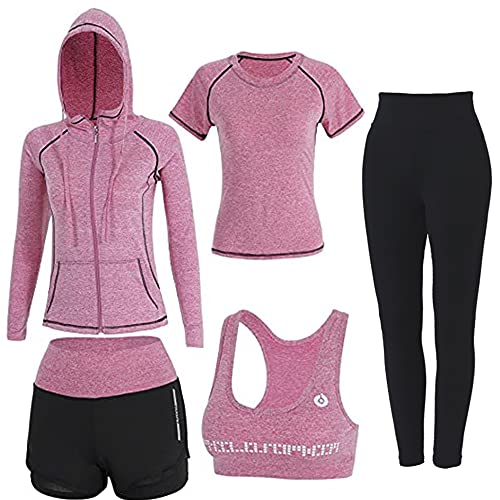 FRECINQ 5 Stück Damen Fitness Trainingsanzug Yoga Set Sportbekleidung Jogging Gym Pilates Sportbekleidung Zumba Tennisbekleidung (Rosa #1, S)