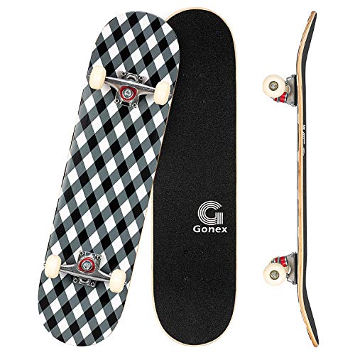 Gonex 31x8 Zoll Komplett Skateboard für Kinder Erwachsene Anfänger Mädchen Jungen, Double Kick Concave 9-Lagiger Ahorn Skateboard, Weiß Schachbrett