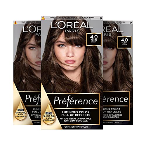 L'Oréal Paris Permanente Haarfarbe, Haarfärbeset mit Coloration und Farbglanz-Pflegebalsam, Préférence, 4 Naturbraun (Tahiti), 3er Set