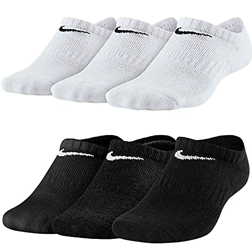 Nike Kinder Cushion Socken 6 Paar Youth Kids Everyday Cushioned No Show SX6843 Sneakersocken Weiß Bunt Schwarz, Farbe:weiß schwarz, Größe:38-42