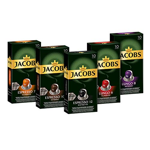 Jacobs Kaffeekapseln, Probierbox Nespresso®* kompatible Kapseln mit 5 verschiedenen Sorten, 5 x 10 Getränke , 50 Stück (5er Pack)