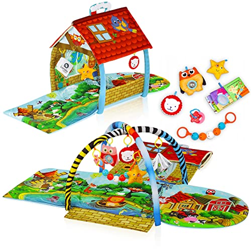 LIONELO Agnes Plus 2in1 Krabbeldecke für Baby, Spielmatte Baby, 2 Spielbögen, Spielhaus, Stoffbuch, Spielzeuge bunte, Rasselkette, verstärkter Boden, kontrastreiche Farben