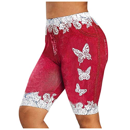 Pyjama + Damen + Shorts – Größe Butterfly Casual Print Jeans Damen Jeggings Faux Denim Shorts Plus Hosen Damen Plus Casual Pants Leggings Fleece Mädchen, rot, XL