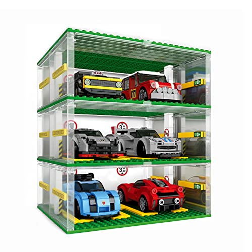 Bausteine Garage Carport für Speed Champions Autos, DIY Parkgarage Modellbau 3Schicht Vitrine Auto Parkhaus Kompatibel mit Lego Bausteine Autos, ohne Autos