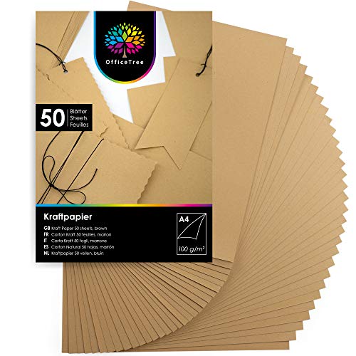 OfficeTree A4 Kraftpapier 100g - 50 Blätter - Braunes Papier zum Basteln, Bedrucken und Malen - Kartonpapier A4 - Craft Papier