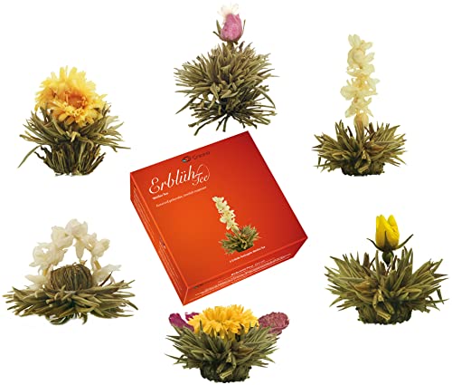 Creano Teeblumen Mix – „ErblühTee“ in edler Geschenkbox zum Probieren | Weißtee (6 verschiedene Sorten Teerosen) Geschenk für Frauen, Mutter, Teeliebhaber
