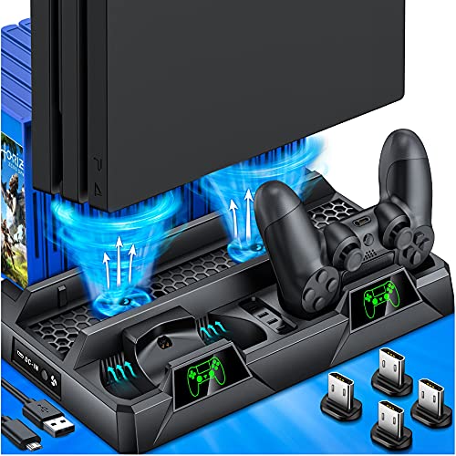 HELLCOOL PS4 Vertical Stand mit Lüfter, All-in-One PS4 Vertikaler Standfuß Ständer Halter Lüfter für Playstation 4/PS4 Pro/PS4 Slim, PS4 Controller Ladesation und 16 Spiele Lagerung