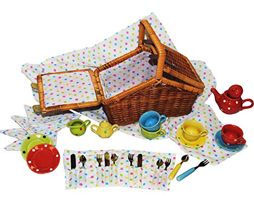alles-meine.de GmbH 33 TLG. Set Picknick Korb / Puppengeschirr - mit Porzellan / Keramik Geschirr - Spiel Küche Zubehör Deko - für Kinder Mädchen & Jungen - gepunktet - Polka Dot..