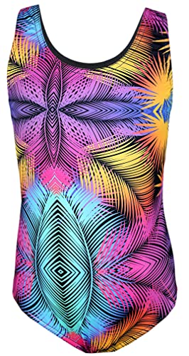 Aquarti Mädchen Badeanzug mit Ringerrücken Print, Farbe: Bunte Blätter/Schwarz/Pink/Orange, Größe: 152