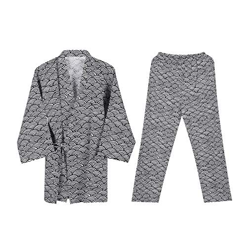 Unisex Yukata Pyjama Kimono Nachthemd Morgenmantel V-Ausschnitt Langarm Schlafmantel Paar Bademantel Jinbei Shirt Hose Japanische Kleidung Bequem Nachtwäsche Sleepwear mit Tasche (Schwarz)