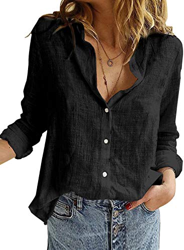 FIYOTE Hemd Damen Oberteile Revers Kragen Langarmshirt Casual Bluse Langarm Button-Down Hemdbluse t-Shirt Business 1-Schwarz M