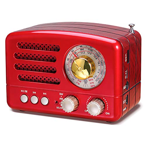 PRUNUS J-160 AM/FM/SW Retro Radio mit Bluetooth, Nostalgie Radio Klein mit 1800mAh Wiederaufladbare Batterie, Kleines Radio Weltempfänger Radio, Transistorradio Unterstützt USB/TF/Aux Funktion.(Rot)
