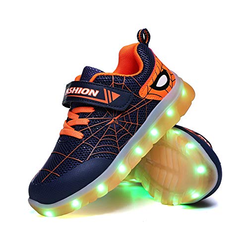 YUNICUS Kleinkind-Turnschuhe Jungen - Kinder leuchten Schuhe Led Flash-Turnschuhe mit Spider Upper USB-Aufladung für Jungen Mädchen Kleinkinder (blau-orange 29 EU)