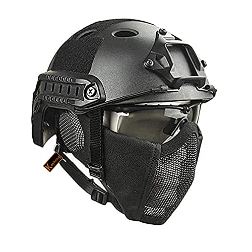 MH Taktik Fast Helm kombiniert, Mit Faltbarer Gehörschutz Halbgesichts Netz Maske und Goggles für Airsoft Paintball CS Game