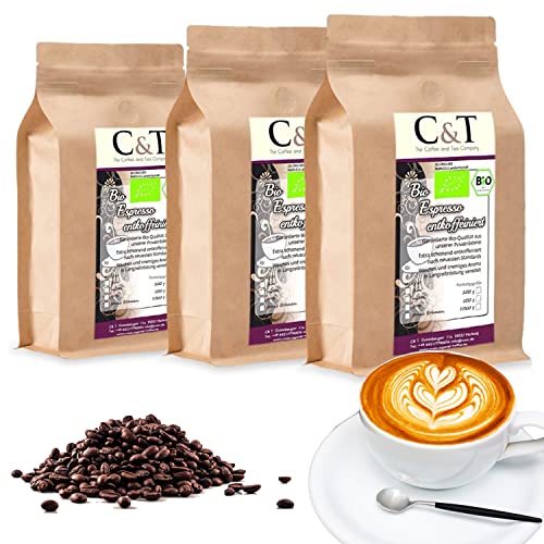 C&T Bio Espresso Crema entkoffeiniert | 3 x 1000g ganze Bohnen | 100% Arabica Kaffee | Cafe Gastro-Sparpack im Kraftpapierbeutel