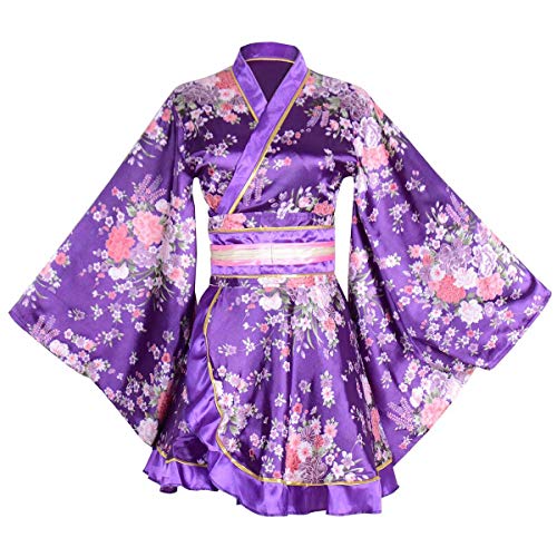 Damen Kimono Kostüm Erwachsene Japanische Geisha Yukata Süß Blumen Muster Kleid Blüte Satin Bademantel Nachtwäsche mit OBI Gürtel, 32-lila, Large
