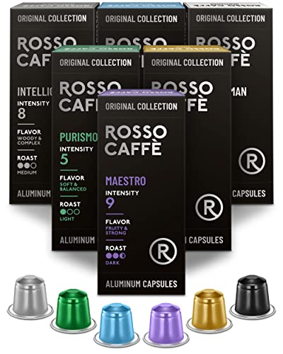Rosso Caffe Kaffeekapseln Nespresso Kompatibel - 60 Aluminium Kaffeepads - 6 Köstliche Kaffeearomen - Kaffeemaschine Kapseln 100% Recycelbare
