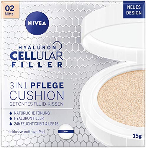 NIVEA Cellular Expert Finish 3in1 Pflege Cushion für mittlere Hauttöne (15 g), Make-up mit Hyaluron, Kollagen-Booster und LSF 15, feuchtigkeitsspendende Cushion Foundation