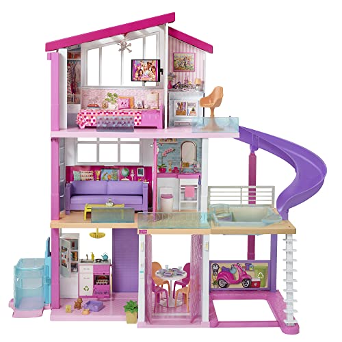 Barbie GNH53 Traumvilla Dreamhouse Adventures Puppenhaus mit 3 Etagen, 8 Zimmer, Pool mit Rutsche und Zubehör, ca. 116 cm hoch, mit Lichter und Geräuschen, Spielzeug ab 3 Jahren