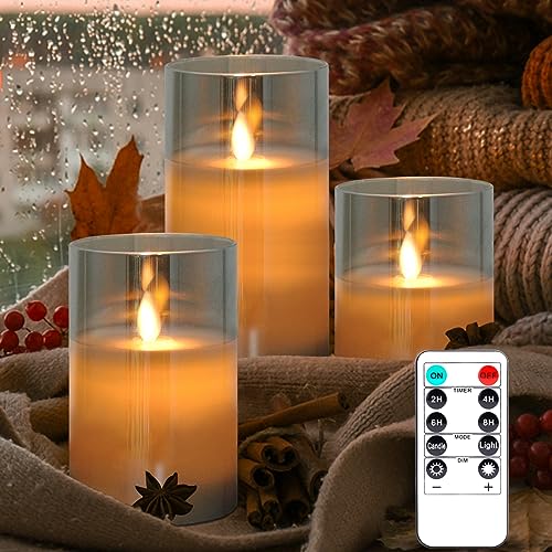 VIPNAJI LED Kerzen, Flammenlose Kerze 300 Stunden Batterie Dekorative Kerzen Set 3 (10cm, 12.5cm, 15cm). Die echt blinkende LED-Flamme mit Fernbedienung und Timer, Wachssäulenkerzen mit Glass