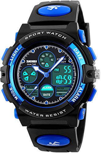 Kinderuhr für Jungen Digital Analog Sportuhr LED 5ATM Wasserdicht Wecker Coole Stoppuhr Elektronische Armbanduhr