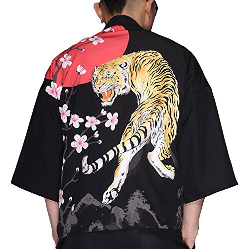 G-LIKE Herren Sommer Kimono Cardigan – Traditionelle Japanische Kleidung Haori Kostüm Taoistische Robe Langarm Jacke Chinesischer Stil Umhang Nachthemd Bademantel Nachtwäsche für Männer (Tiger)