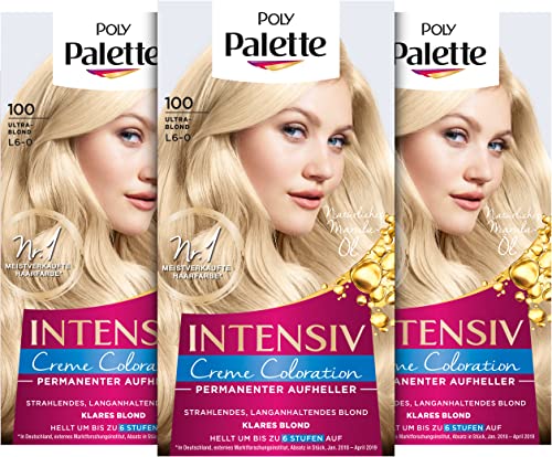 Poly Palette Intensiv Creme Coloration 100/L6-0 Ultrablond Stufe 3 (3 x 115 ml), Permanenter Aufheller für strahlende, langanhaltende blonde Haarfarbe, Anti-Gelbstich-Effekt