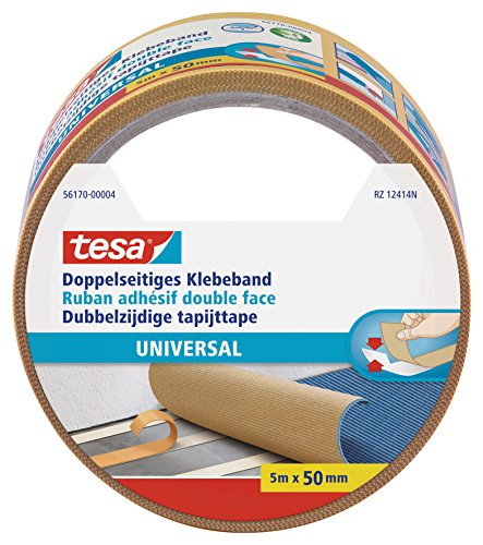 tesa Doppelseitiges Klebeband Universal - Vielseitiges Klebeband für Verpackungen, Deko und Teppiche oder zum Basteln - 5 m x 50 mm