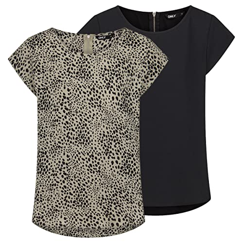ONLY Damen Top ONLVIC 2er Pack Basic Shirt Rundhals Regular Fit Bluse Kurzarm Oberteil Reißverschluss Muster Sommer Schwarz 38, Größe:38, Farbe:Black (15284243)