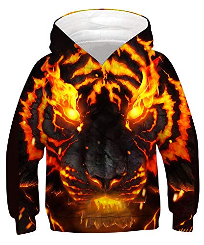 Goodstoworld Sweatshirt Jungen Pullover Mädchen Hoodie Kinder 3D Kapuzenshirt Hoody Sweatshirt Pullover Flammen Tiger Pulli 9-11 Jahre