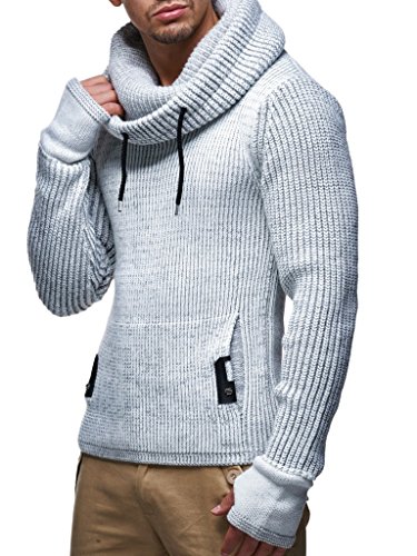 Leif Nelson Herren Strick-Pullover Strick-Pulli mit Schalkragen Moderner Woll-Pullover Langarm-Sweatshirt Slim Fit LN5060 Grau Large