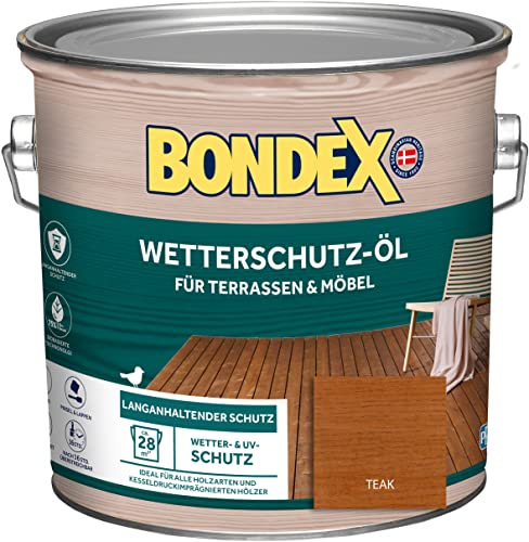 Bondex Wetterschutz Öl Teak 2,5 L für 28 m² | Langanhaltender Schutz | Wetter & UV-Schutz | Biobasierte Technologie | Extrem Wasserabweisend | Wetterschutzöl | Holzschutz