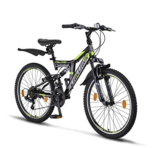 Chillaxx Bike Falcon Premium Mountainbike in 24 und 26 Zoll - Fahrrad für Jungen, Mädchen, Damen und Herren V-Bremse- 21 Gang-Schaltung - Vollfederung (24 Zoll, Schwarz-Lime V-Bremse)