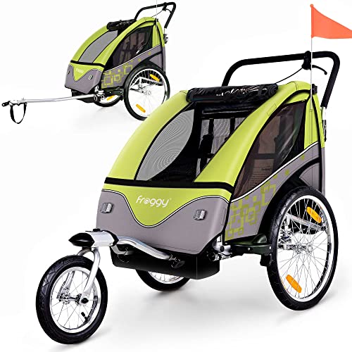 FROGGY Kinder Fahrradanhänger 360° Drehbar mit Federung + Joggerfunktion + 5-Punkt Sicherheitsgurt, 2in1 Anhänger für 1 bis 2 Kinder, Design Apple