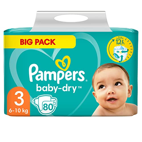 Pampers Baby Windeln Größe 3 (6-10kg) Baby-Dry, Midi, 80 Stück, BIG PACK, bis zu 12 Stunden Rundum-Auslaufschutz
