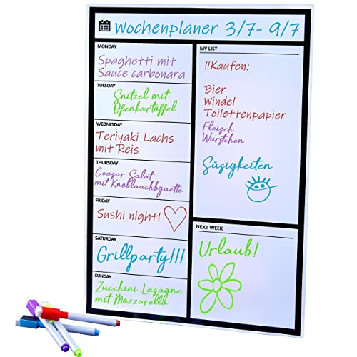 Magnetischer Wochen-Planer Magnet-Tafel für den Kühlschrank Tagesplaner White-Board beschreibbarer Wochen-Kalender Pinnwand magnetisch Magnetwand zum Aufhängen mit Haushaltsplan & Wochenplan