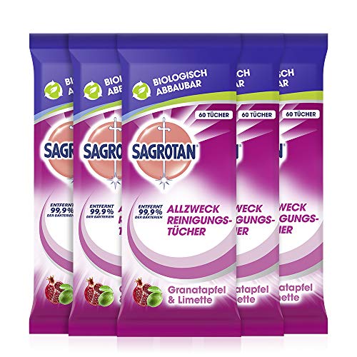 Sagrotan Allzweck-Reinigungstücher Granatapfel und Limette, antibakterielle Reinigung, 5er Pack (5 x 60 Stück)