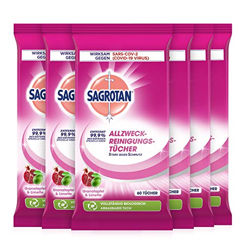 Sagrotan Allzweck-Reinigungstücher Granatapfel & Limette – Zur praktischen Reinigung von Oberflächen – 6 x 60 Feuchttücher in wiederverschließbarer Verpackung