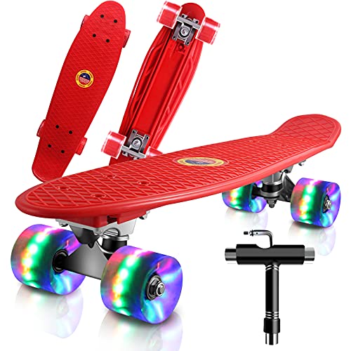 Saramond Skateboards Komplette 55cm Mini Cruiser Retro Skateboard für Kinder Teens Erwachsene Anfänger, Bunte LED-Räder mit All-in-One Skate T-Tool für Schule und Reisen (rot)