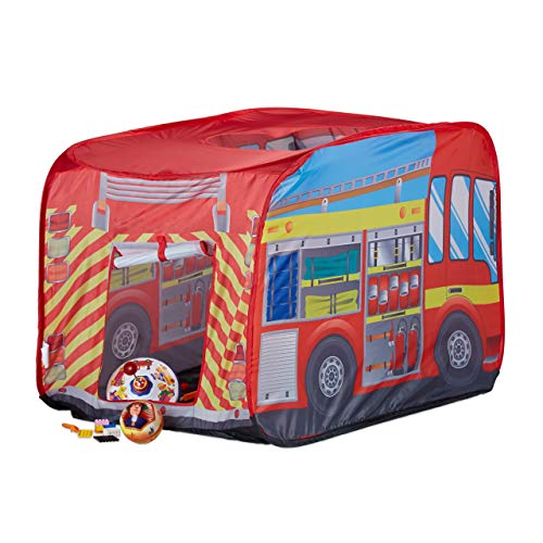 Relaxdays 10022459 Spielzelt Feuerwehr, Pop up Kinderzelt mit Automotiv, für Drinnen und Draußen, 70x110x70 cm, ab 3 Jahre, rot