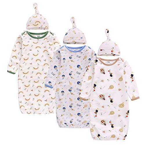 Baby Schlafanzug mit Langarm, Baby Nachthemd mit Mützen, 3er-Pack Schlafkleid für 6-12 Monaten Junge Mädchen, Baumwolle