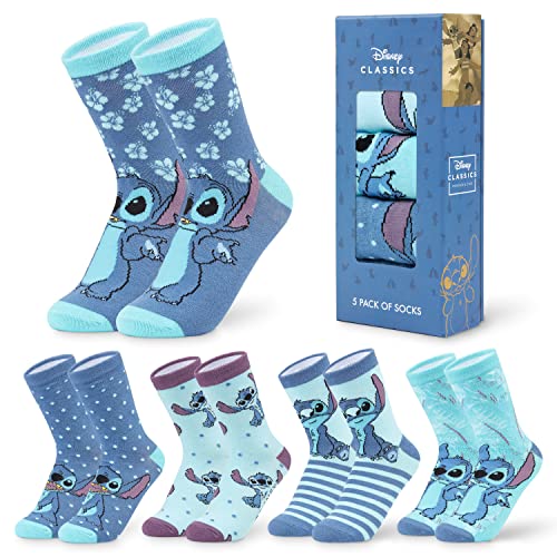 Disney Socken Damen 5er Pack, Stitch Damen Socken mit Motiv (Blau)